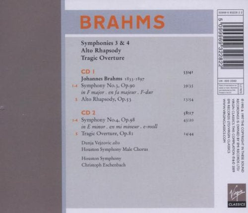 BRAHMS: SYMPHONIES 3 & 4, Alto Rhapsody, Tragic Overture - HOUSTON SYMPHONY, ESCHENBACH (2 CDs)
