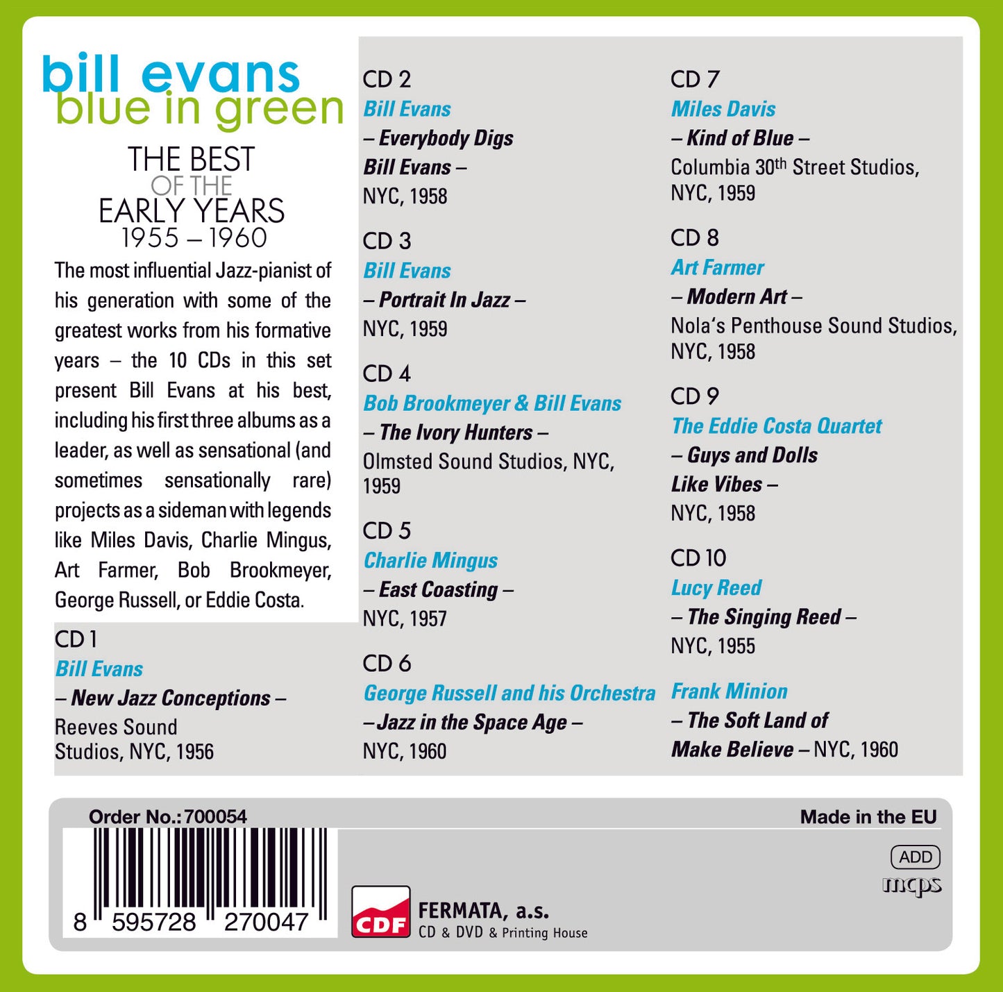 BILL EVANS: Blue In Green - The Best Of The Early Years 1955-1960 (10 CDs)