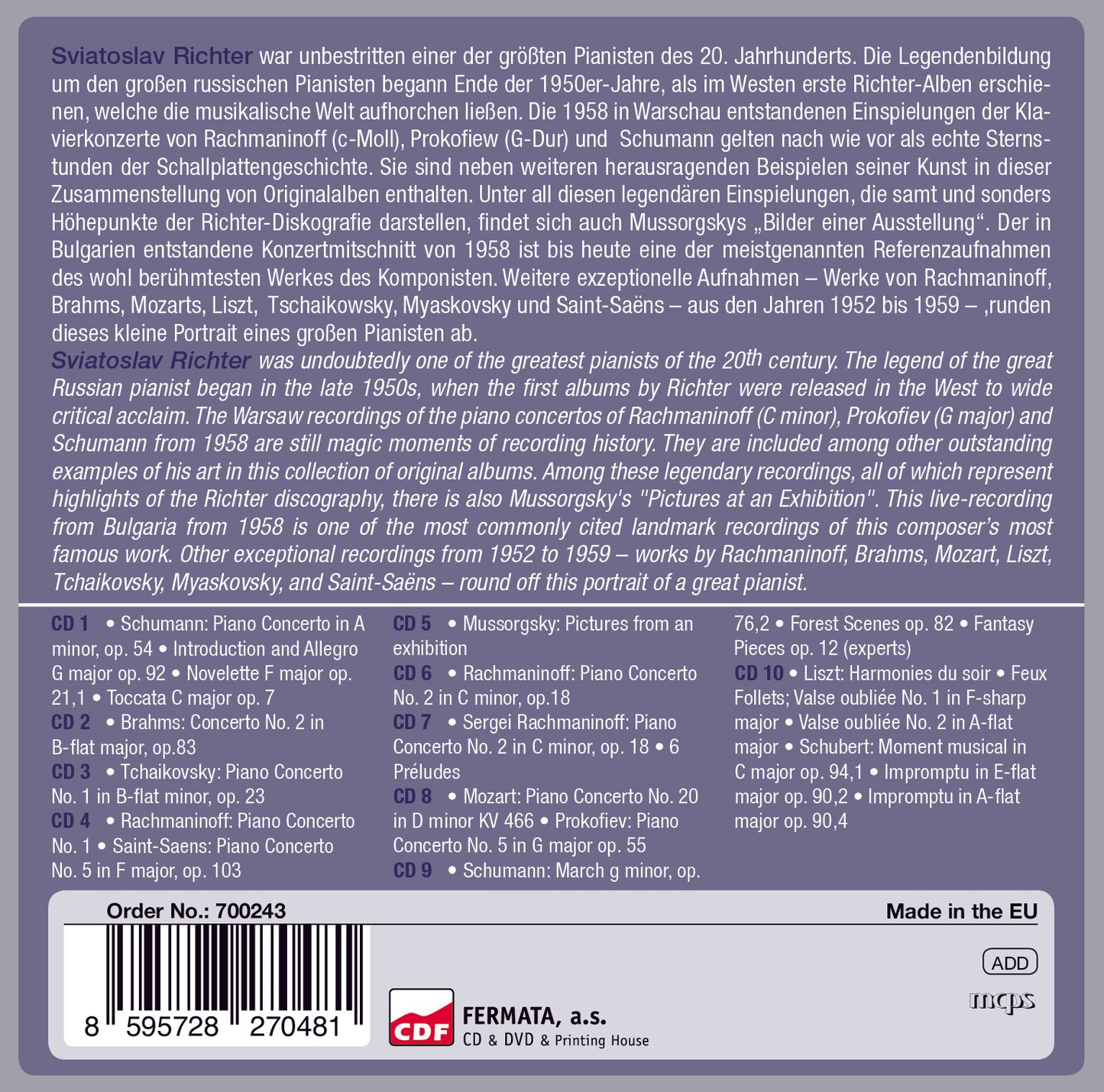 SVIATOSLAV RICHTER: 10 ORIGINAL ALBUMS - THE 100TH BIRTHDAY EDITION (10 CDS)