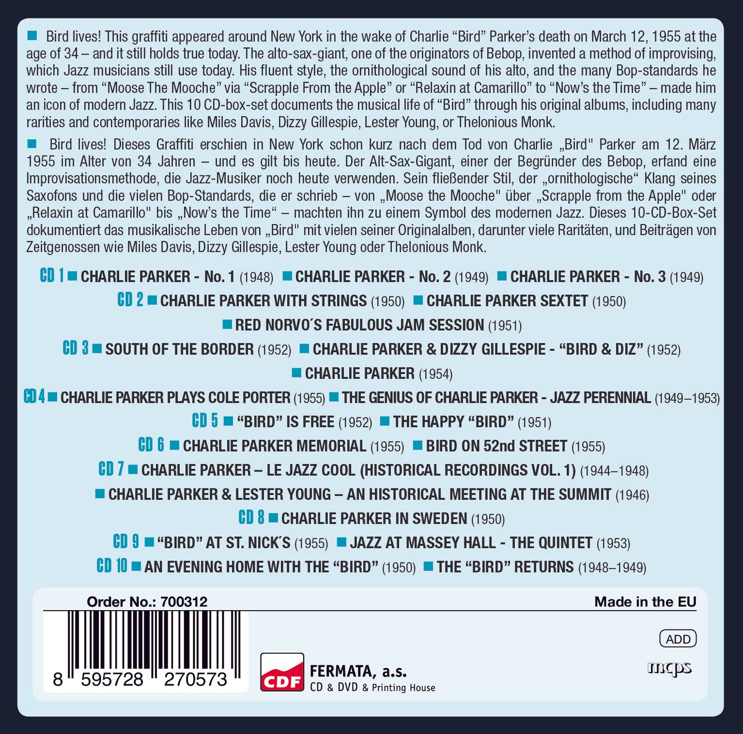 CHARLIE PARKER - 22 Original Albums - Milestones of a Legend (10 CDS)