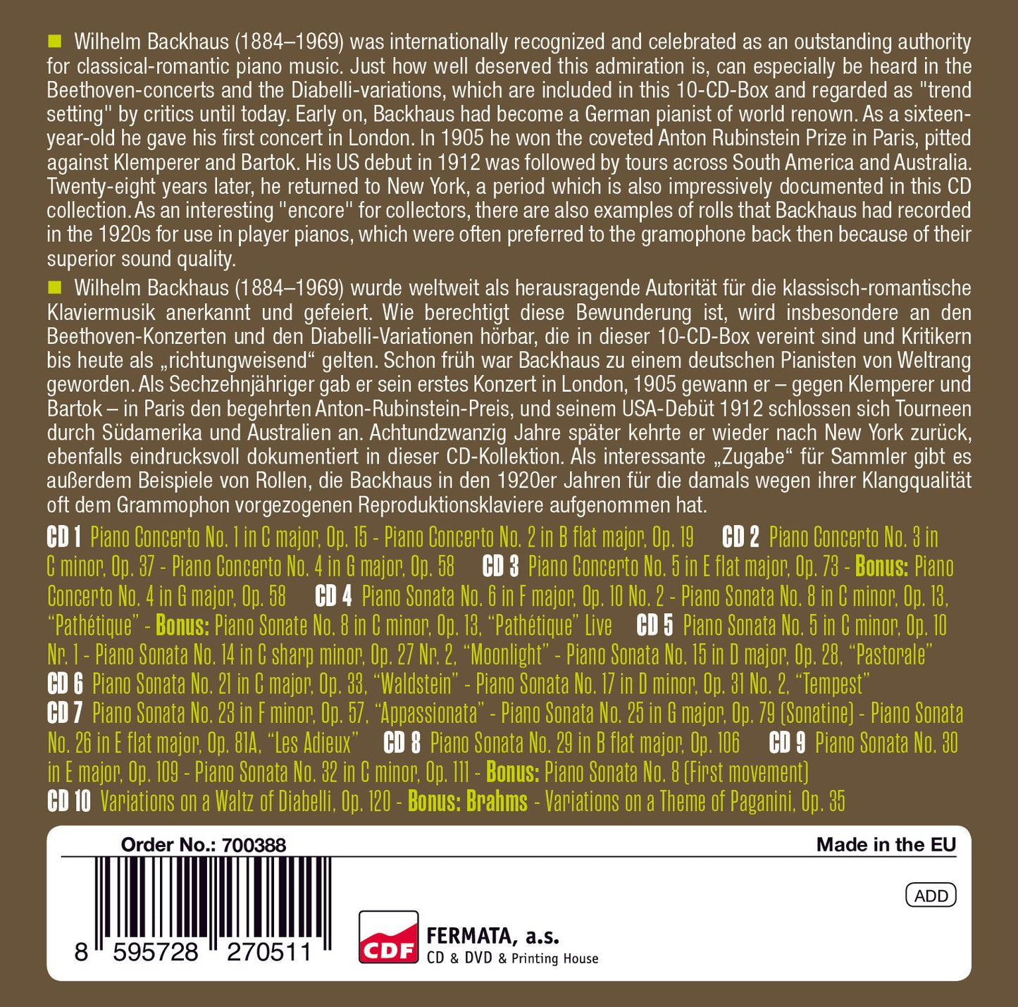 BEETHOVEN: SONATAS & VARIATIONS - WILLIAM BACKHAUS (10 CDS)