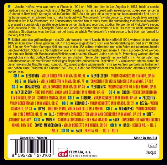 JASCHA HEIFETZ: MILESTONES OF A VIOLIN LEGEND - VIOLIN CONCERTOS AND CHAMBER MUSIC (10 CDS)