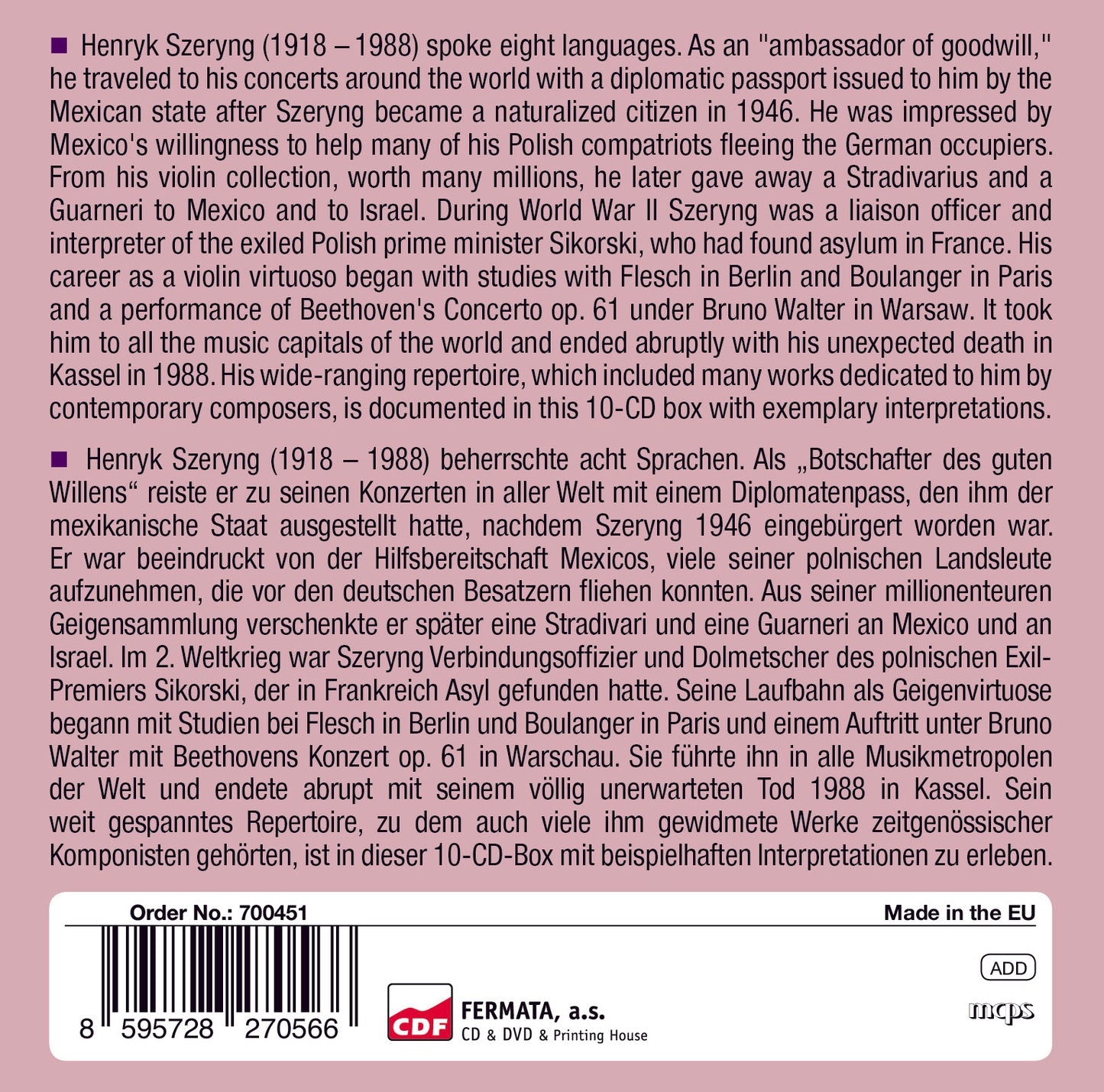 HENRIK SZERYNG: MILESTONES OF A VIOLIN LEGEND (10 CDS)