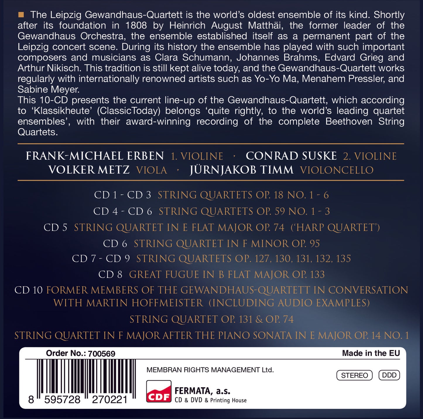 BEETHOVEN: COMPLETE STRING QUARTETS - GEWANDHAUS QUARTETT (10 CDS)