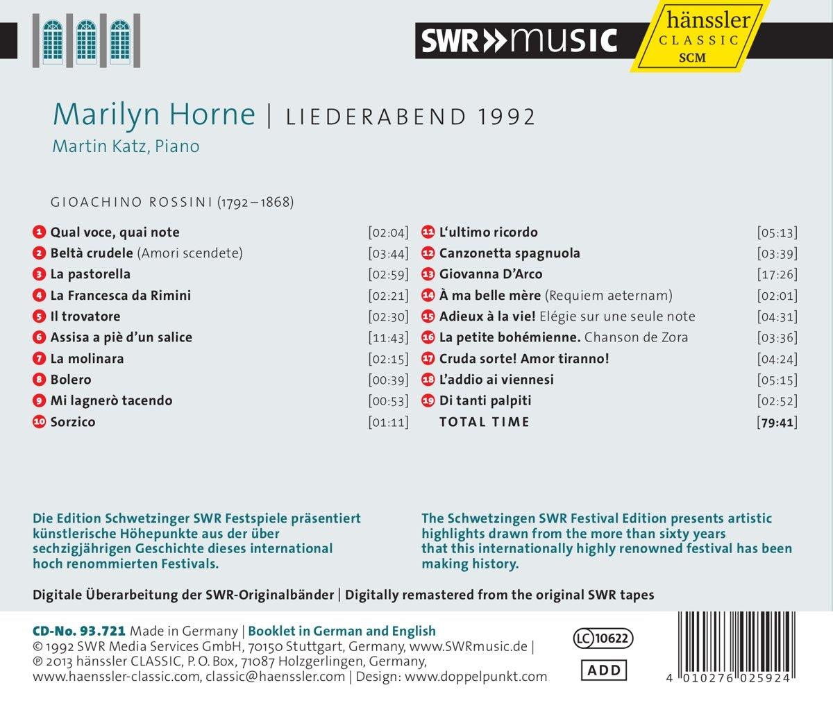 ROSSINI: Liederabend 1992 - Marilyn Horne, Martin Katz