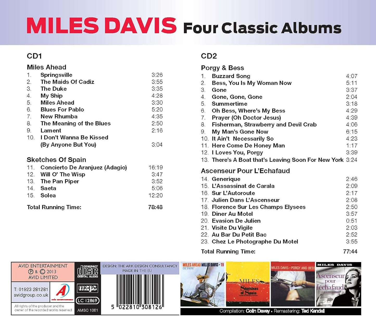 MILES DAVIS - Four Classic Albums (MILES AHEAD / SKETCHES OF SPAIN / PORGY AND BESS / ASCENSEUR POUR L’ECHAFAUD) (2 CDS)