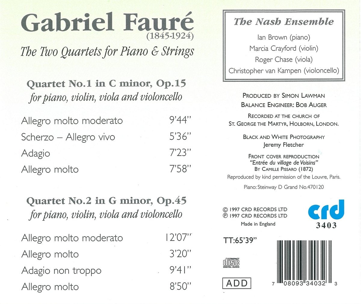 FAURE: PIANO QUARTETS IN C MINOR & G MINOR - NASH ENSEMBLE