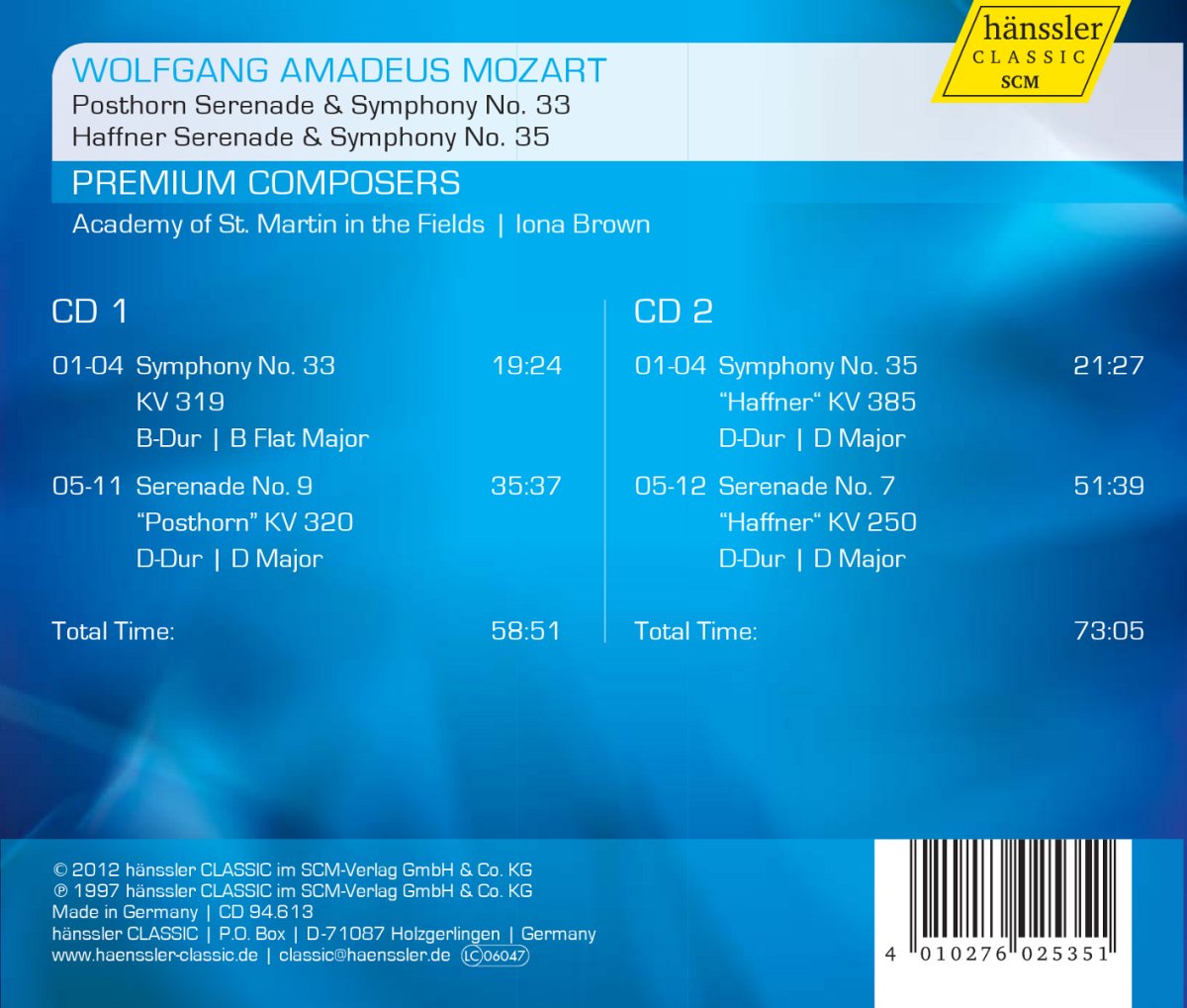 MOZART: Posthorn Serenade, Haffner Serenade, Symphonies No. 33 & 35 (Premium Composers Vol. 13) - Academy of St. Martin in the Fields, Iona Brown (2 CDs)