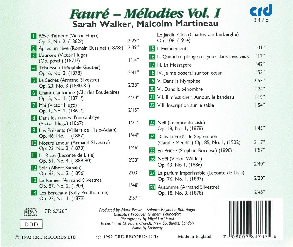FAURE: MELODIES, VOL. 1 - SARAH WALKER, MALCOLM MARTINEAU