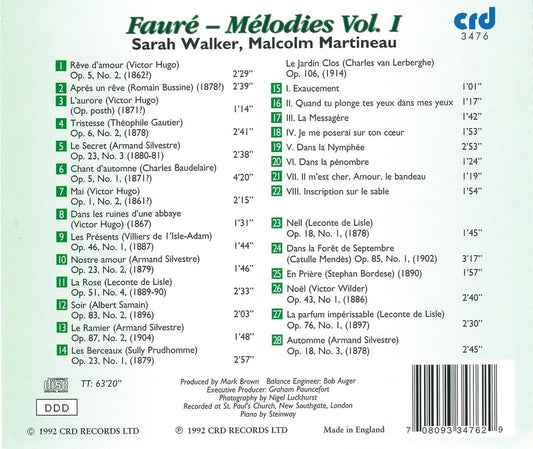 FAURE: MELODIES, VOL. 1 - SARAH WALKER, MALCOLM MARTINEAU