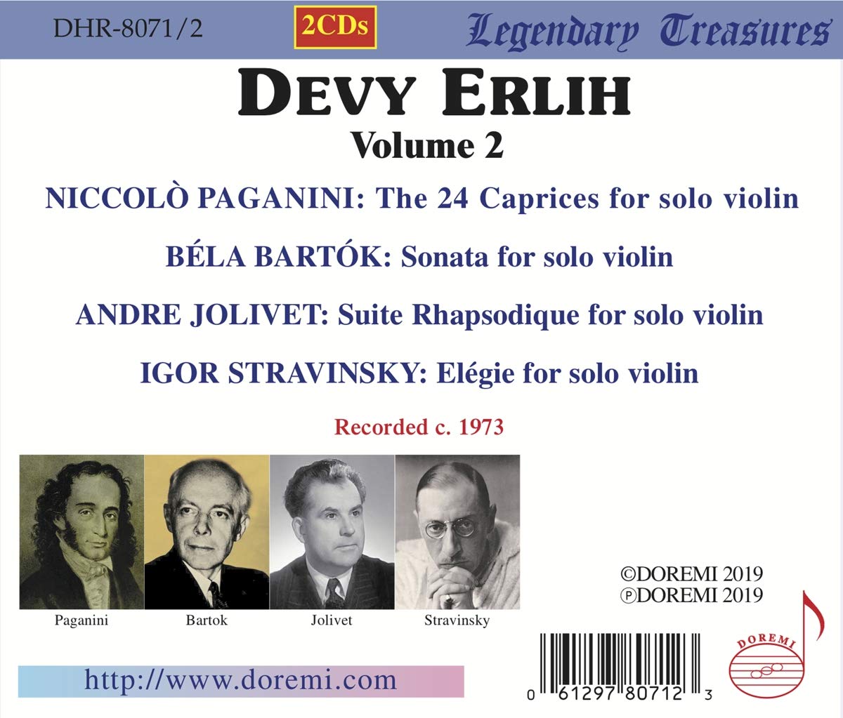 DEVI ERLIH COLLECTION, Vol. 2 - Paganini: The 24 Caprices; Works for Solo Violin by Bartok, Jolivet, Stravinsky - Devy Erlih