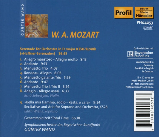 Gunter Wand-Edition: Mozart: Serenade in D "Haffner", "Bella mia fiamma" - Edith Wiens, Symphony-Orchester des bayerischen Rundfunks