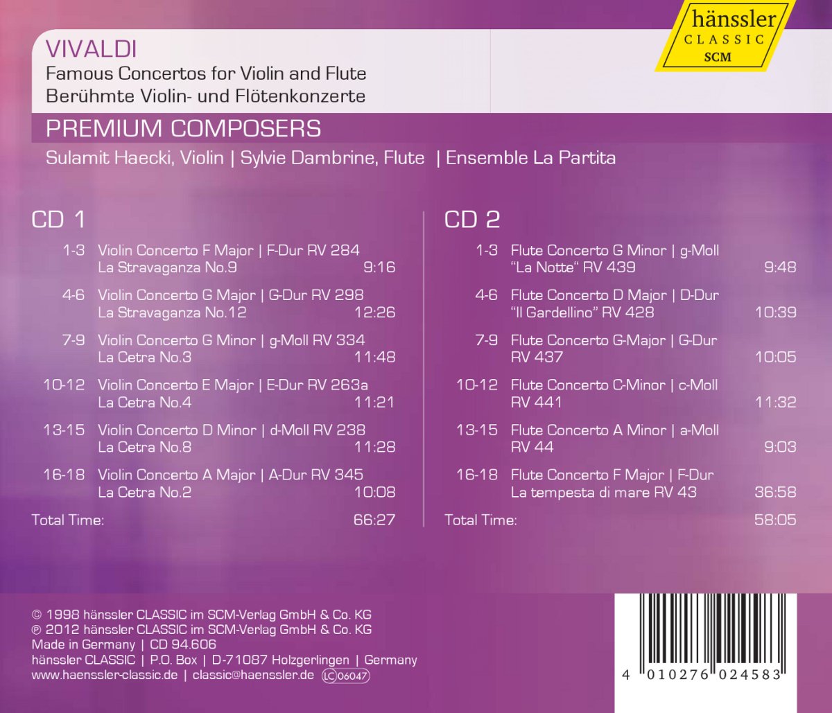 VIVALDI: Famous Concertos for Violin & Flute - Sulamit Haecki; Sylvie Dambrine; Ensemble la Partita (2 CDS)