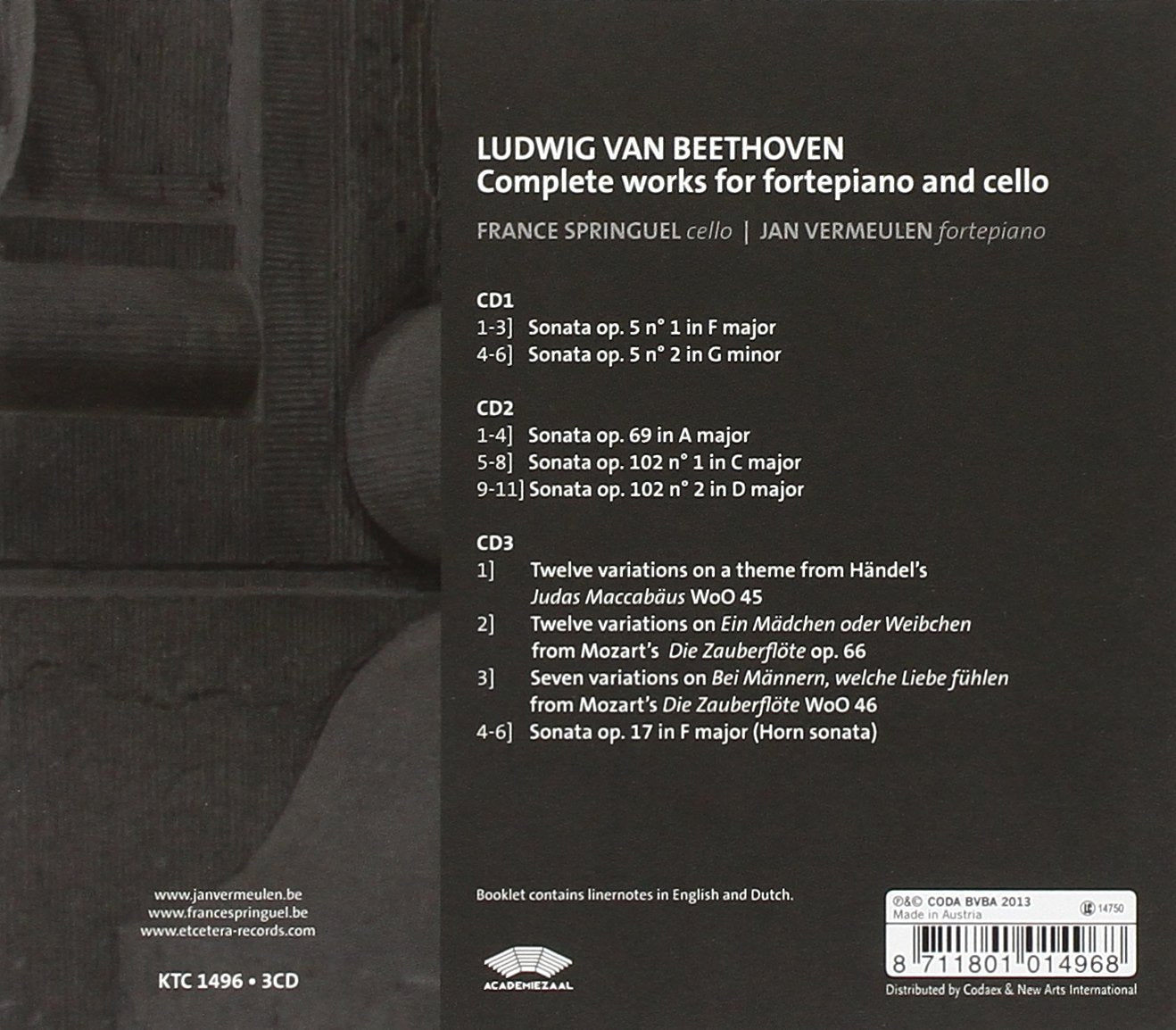 Beethoven: COMPLETE WORKS FOR CELLO AND PIANO - Vermeulen; Springuel (3 CDS)