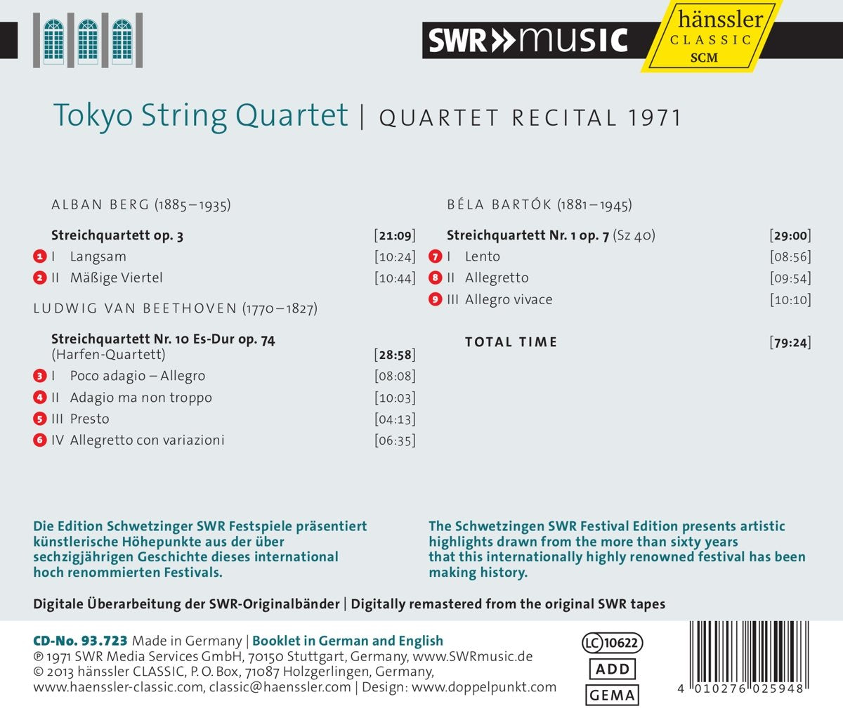 BERG, BEETHOVEN & BARTOK: Quartet Recital 1971 - Tokyo String Quartet