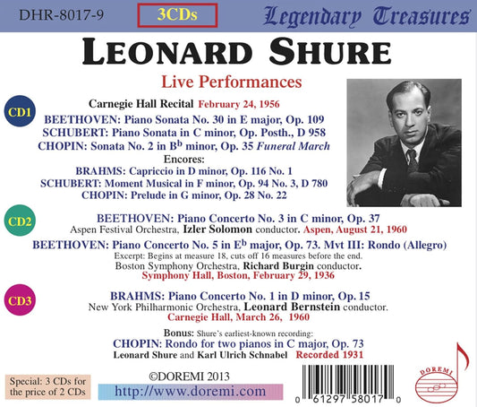 LEONARD SHURE - Brahms, Beethoven, Carnegie Hall Recital 1965
