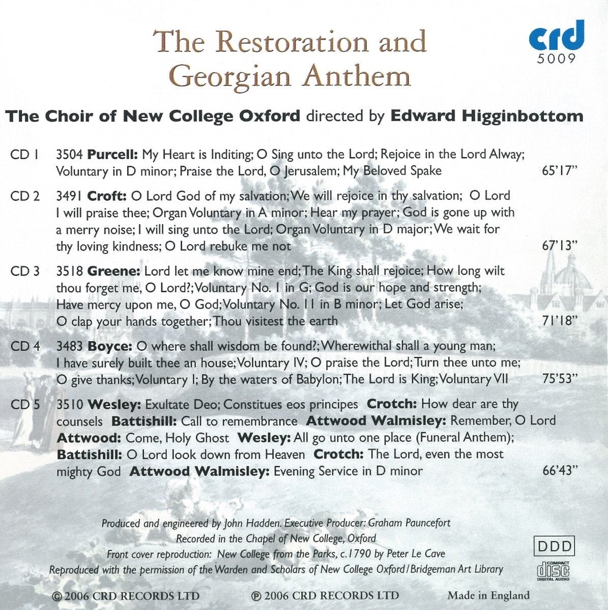 THE RESTORATION & GEORGIAN ANTHEM: EDWARD HIGGINBOTTOM, CHOIR OF NEW COLLEGE, OXFORD (5 CDS)