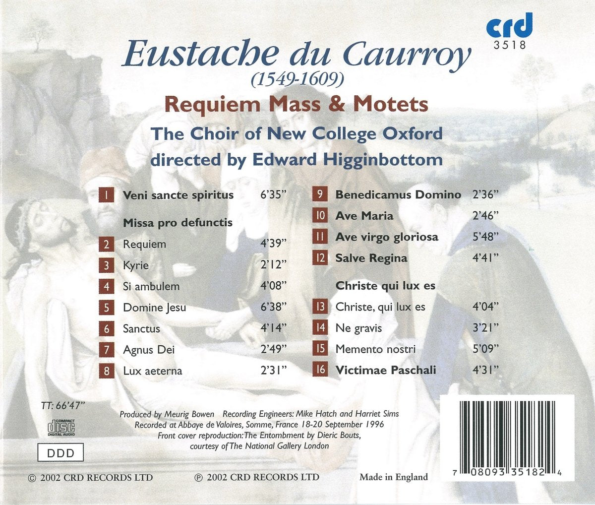 DU CAURROY: REQUIEM MASS & MOTETS - CHOIR OF NEW COLLEGE OXFORD, EDWARD HIGGINBOTTOM