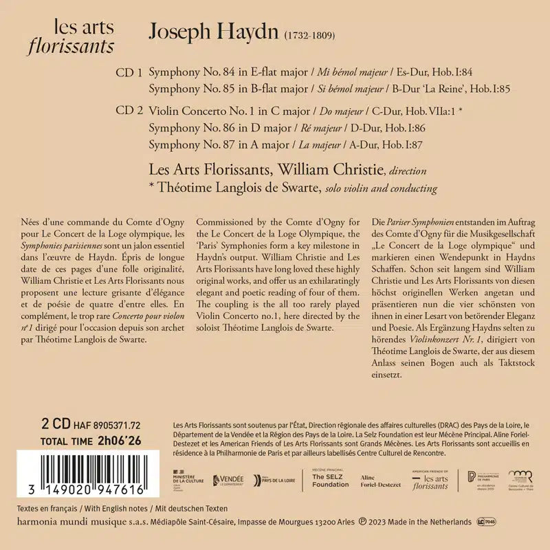 HAYDN: "Paris" Symphonies Nos. 84, 85, 86 & 87, Violin Concerto No. 1 - Les Arts Florissants, Théotime Langlois de Swarte, William Christie