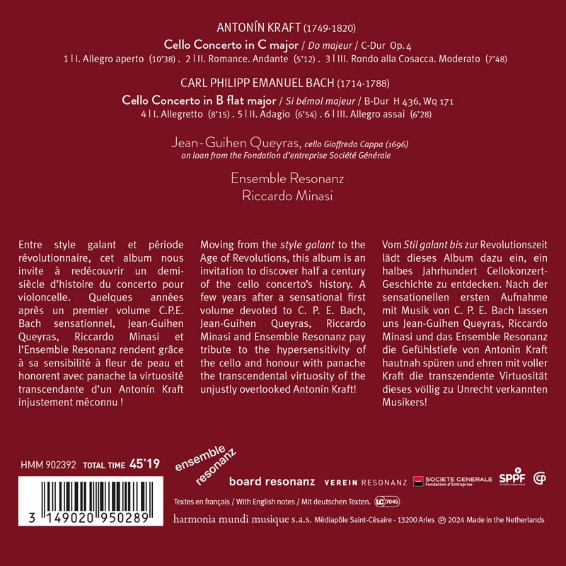 Bach, C.P.E. & Kraft: Cello Concertos - Jean-Guihen Queyras, Ensemble Resonanz, Riccardo Minasi