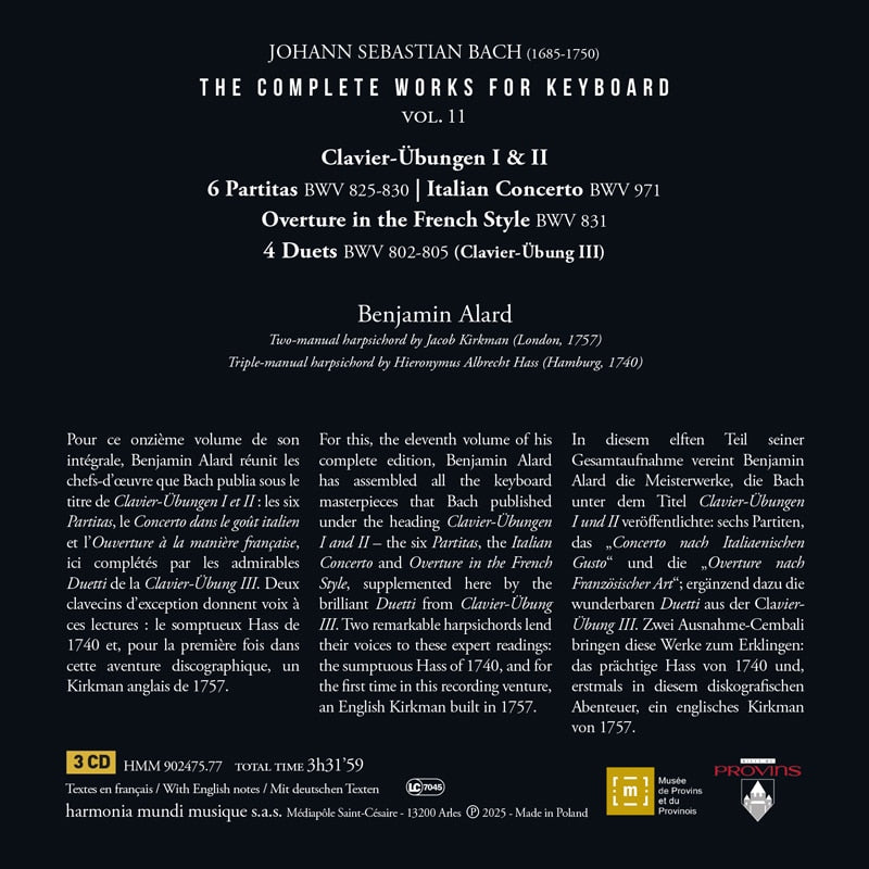 Bach: The Complete Works for Keyboard Vol. 11: Clavier-Ubungen I & II, Italian Concerto, Overture in the French Style, Partitas - Benjamin Alard (3 CDs)