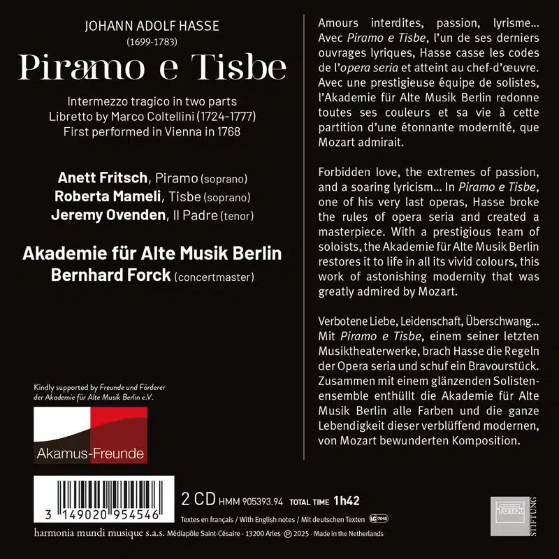 Hasse: Piramo E Tisbe - Anett Fritsch, Roberta Mameli, Jeremy Ovenden, Akademie für Alte Musik Berlin, Bernhard Forck (2 CDs)