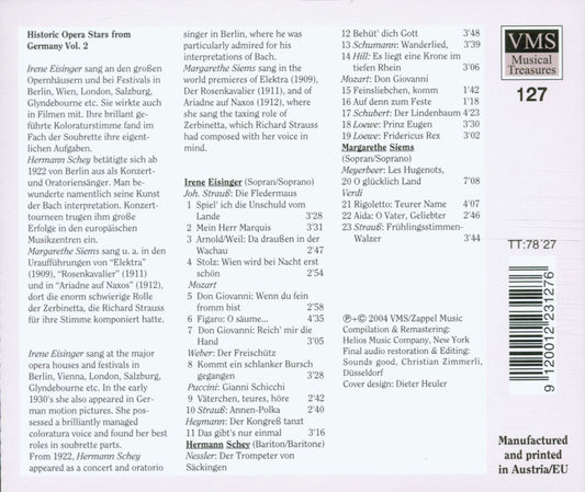 Historic Opera Stars from Germany, Vol. 2 - Eisinger/Schey/Siems