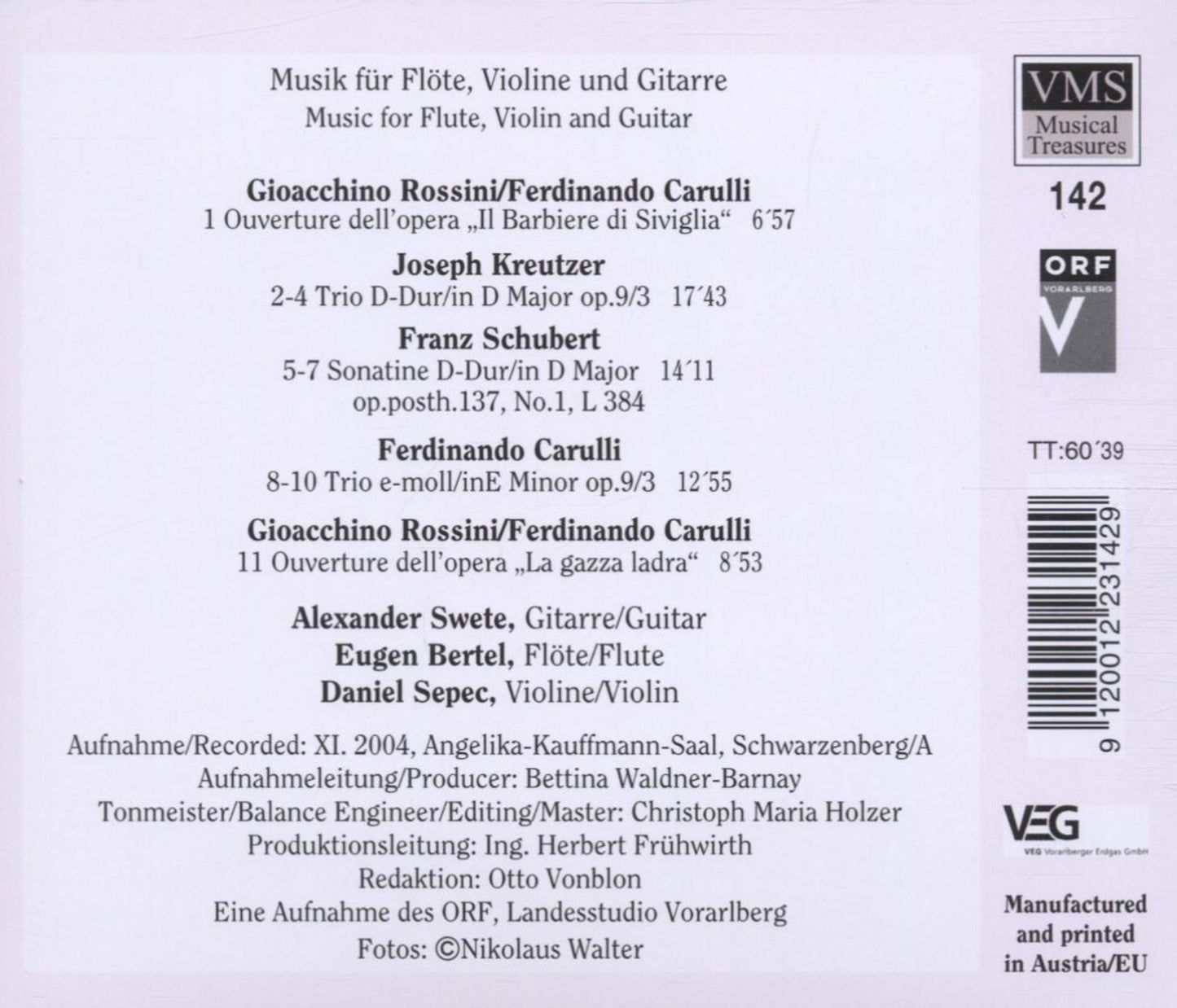 Music for Flute, Violin & Guitar (ROSSINI/SCHUBERT/KREUTZER/CARULLI) - Sweete/Bertel/Sepec