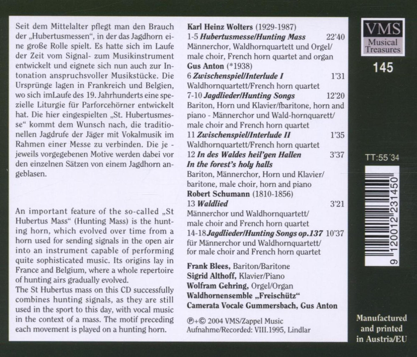 WOLTERS: Hubertusmesse; GUS & SCHUMANN: Hunting Songs for Male Chorus - Camerata Vocale Gummersbach/Waldhornquartett