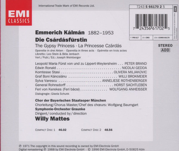 Kalman: The Gipsy Princess - NICOLAI GEDDA, BAYERISCHEN STAATSOPERA MUNICH (2 CDS)