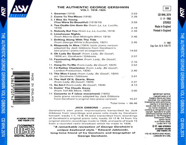 GERSHWIN: The Authentic George Gershwin, Vol. 1 - Jack Gibbons