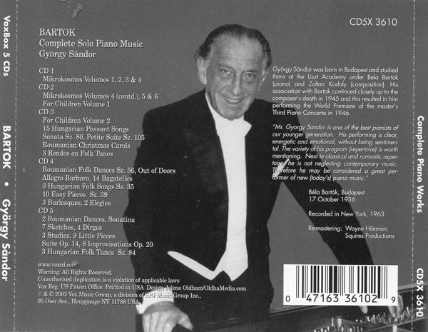 BARTOK: COMPLETE SOLO PIANO MUSIC - GYORGY SANDOR (5 CDS)