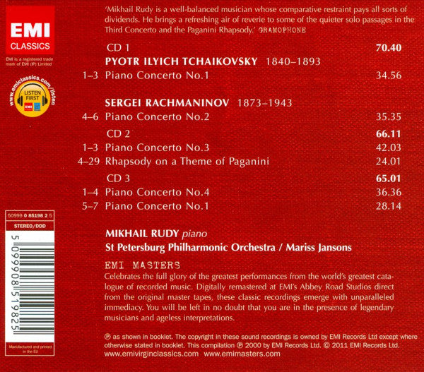 RACHMANINOFF: The Complete Piano Concertos, Rhapsody on a Theme by Paganini; TCHAIKOVSKY: Piano Concerto No. 1 - Rudy, Janssons, St. Petersburg Symphony (3 CDs)