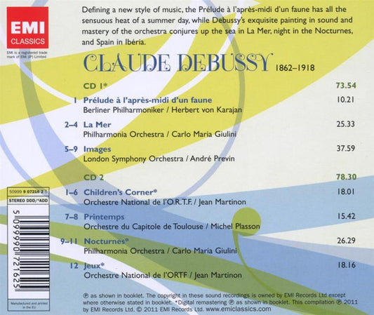 Debussy: Prelude A L'Apres-Midi D'Un Faune, La Mer, Images, Children's Corner, Printemps, Nocturnes, Jeux - Karajan, Previn, Giulini, Martinon (2 CDs)