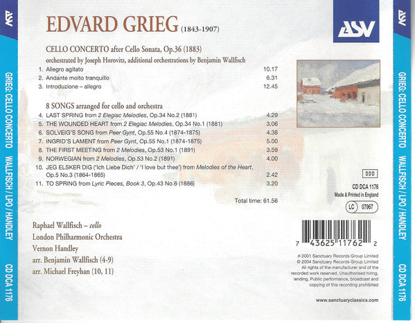 GRIEG: Cello Concerto, 8 Songs For Cello And Orchestra - Raphael Wallfisch, London Philharmonic Orchestra, Vernon Handley