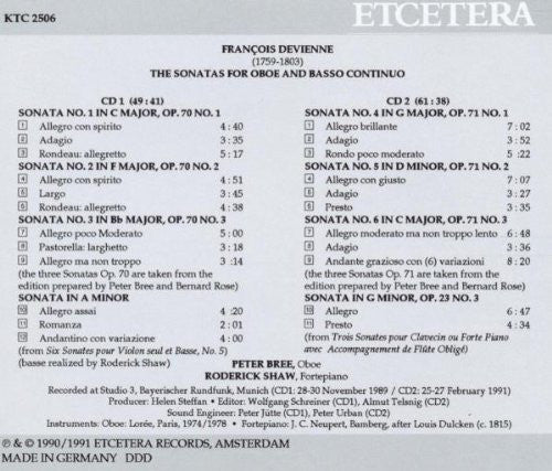 DEVIENNE: Oboe Sonatas Opp. 70 & 71 - Peter Bree, Roderick Shaw (2 CDs)