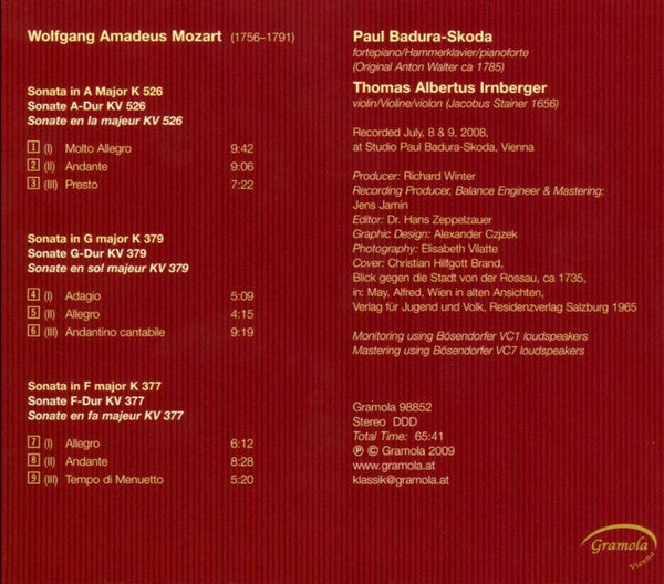 MOZART: Sonatas for Violin & Piano - Thomas Irnberger, Paul Badura-Skoda