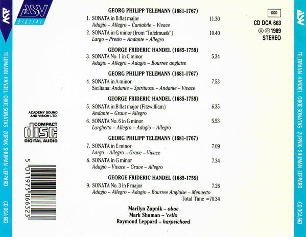 TELEMANN & HANDEL: Oboe Sonatas - Marilyn Zupnik, Mark Shuman, Raymond Leppard