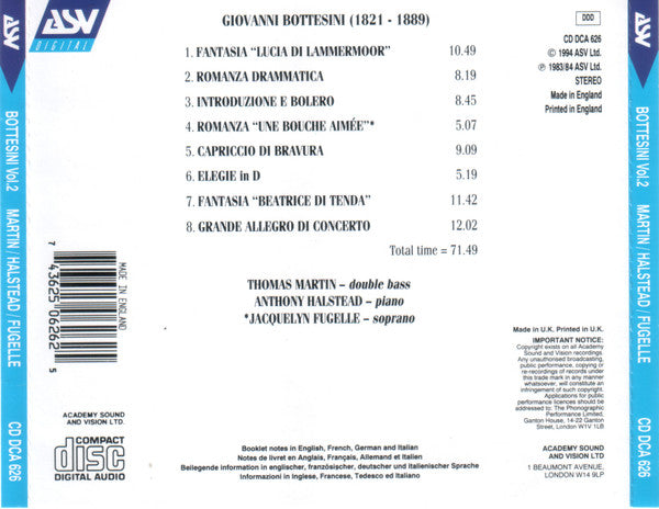 BOTTESINI: ROMANZA DRAMMATICA and OTHER WORKS - Thomas Martin, Anthony Halstead