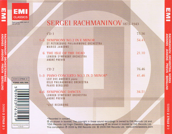 Rachmaninov: Symphony No. 2; Piano Concerto No. 3 - MARISS JANSONS, ANDRE PREVIN, PAAVO BERGLUND, LEIF OVE ANDSNES (2 CDs)