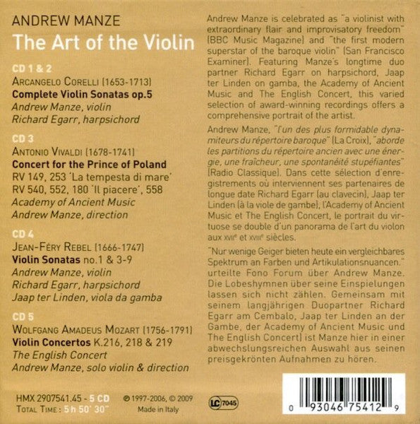 ANDREW MANZE: THE ART OF THE VIOLIN - CONCERTOS AND SONATAS (Vivaldi, Corelli, Revel, Mozart) - THE ENGLISH CONCERT, ACADEMY OF ANCIENT MUSIC (5 CDs)
