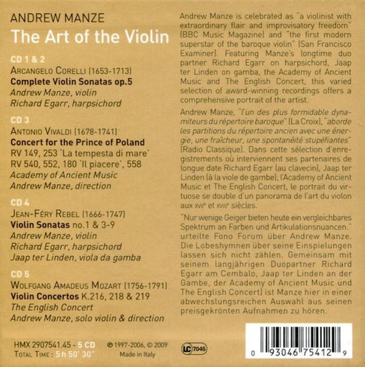 ANDREW MANZE: THE ART OF THE VIOLIN - CONCERTOS AND SONATAS (Vivaldi, Corelli, Revel, Mozart) - THE ENGLISH CONCERT, ACADEMY OF ANCIENT MUSIC (5 CDs)