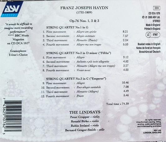 HAYDN: String Quartets Op. 76: No. 1, No. 2 "Fifths", No. 3 "Emperor" - The Lindsays