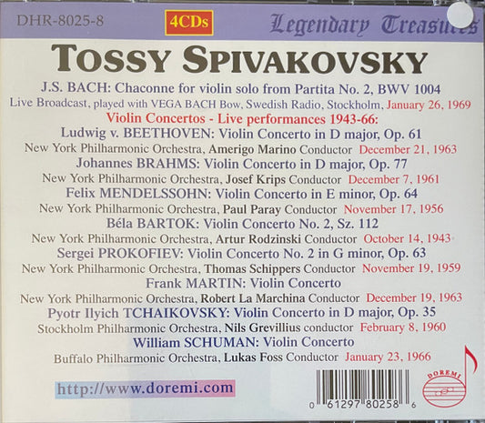 Tossi Spivakovsky: Eight Concertos Live (Bach, Schuman, Beethoven, Tchaikovsky, Martin, Bartok, Brahms, Mendelssohn - 4 CDS)