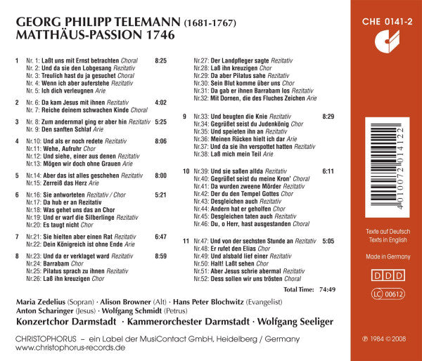 TELEMANN: Matthäus-Passion - Zedelius, Browner, Blochwitz, Kammerorchester Darmstadt