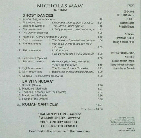MAW: La Vita Nuova; Ghost Dances; Roman Canticle - 20th Century Consort