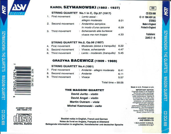 SZYMANOWSKI: The Two String Quartets; BACEWICZ: String Quartet No. 4 - Maggini Quartet