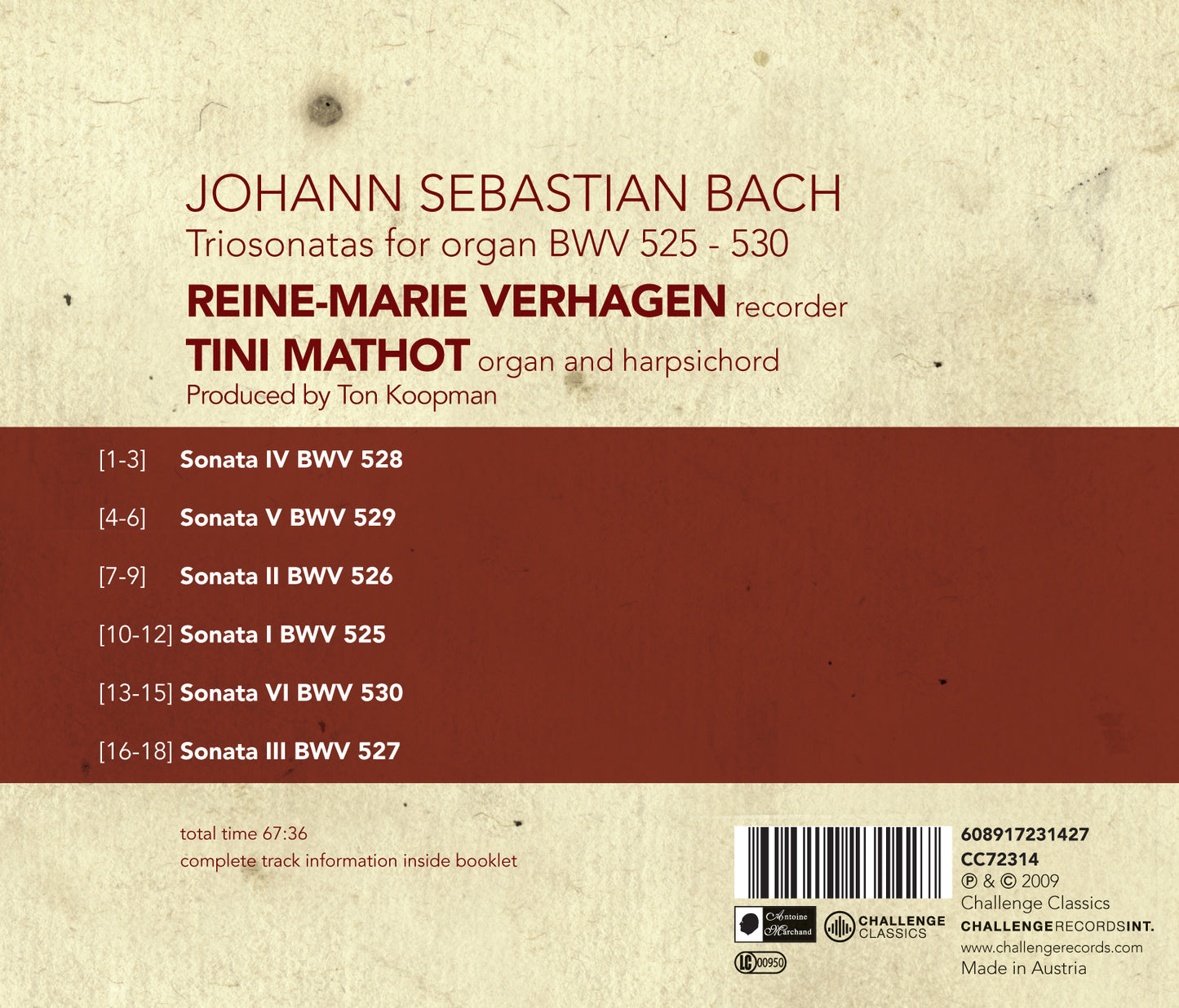 BACH: TRIO SONATAS FOR ORGAN - REINE-MARIE VERHAGEN & TINI MATHOT