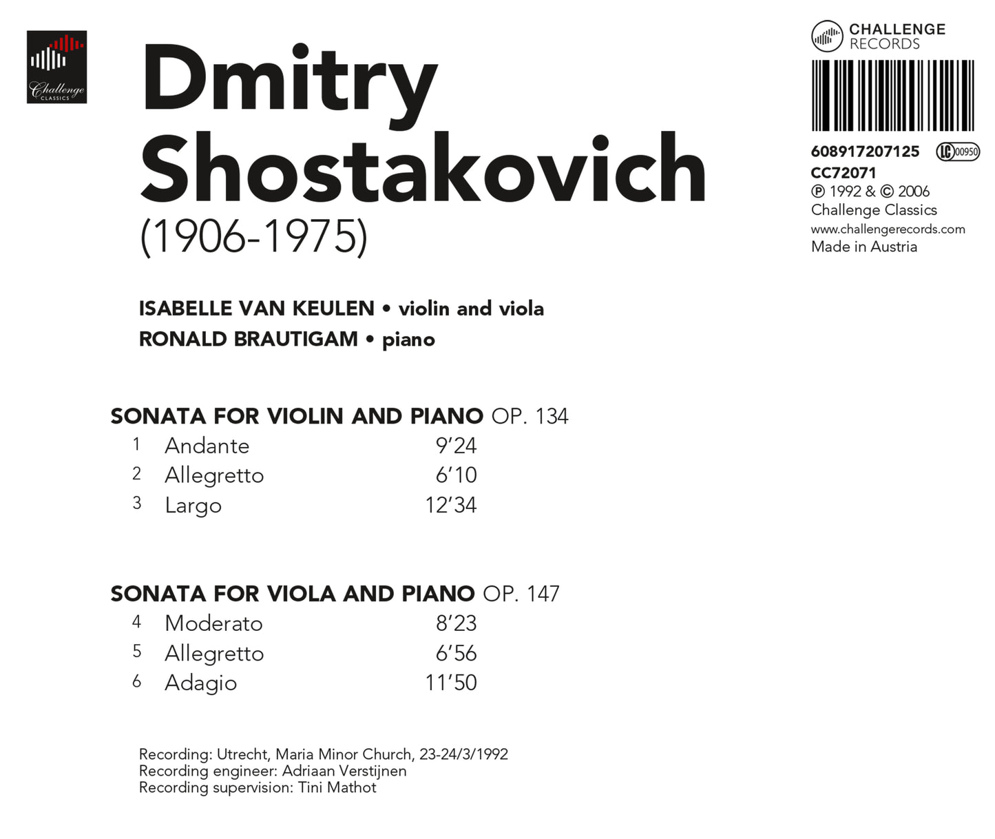 SHOSTAKOVICH: SONATAS FOR VIOLIN & VIOLA AND PIANO - ISABELLE VAN KEULEN, RONALD BRAUTIGAM