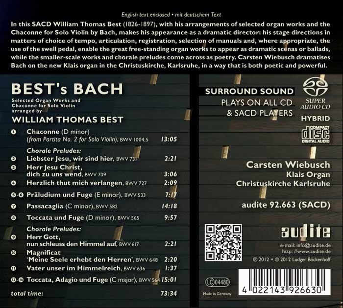 BEST'S BACH: Selected Organ Works and Chaconne for Solo Violin arr. for organ by William Thomas Best - Carsten Weisbuch